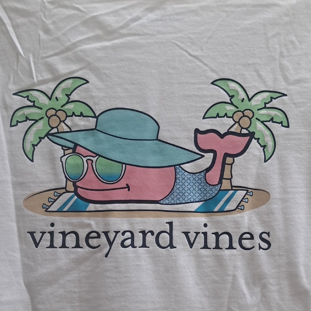 Vineyard Vines White Tee with Pink Whale and Blue Hat Large